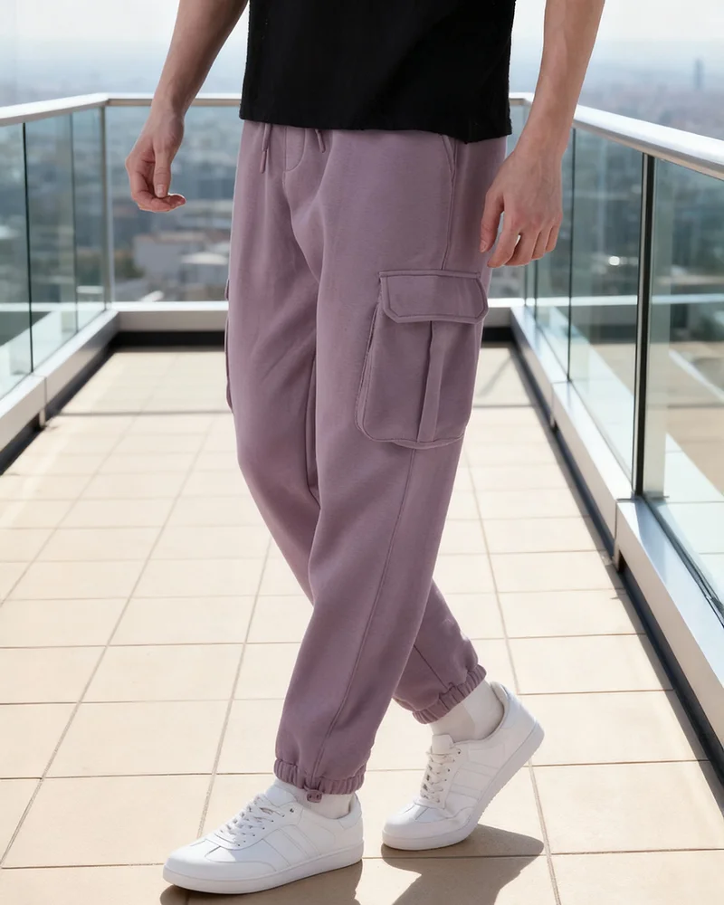 bewakoof Men's Purple Oversized Brushed Cargo Joggers